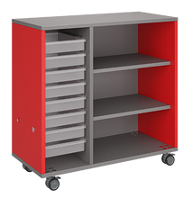 Load image into Gallery viewer, Mobile classroom rolling storage with one tray column and one shelf column for organized classroom materials.
