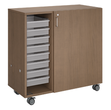 Load image into Gallery viewer, Mobile classroom rolling storage with one tray column and one shelf column for organized classroom materials.
