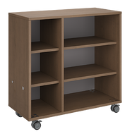 Mobile classroom rolling storage cabinet with one cubby column and one shelf column for organized classroom materials.