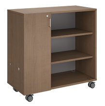 Load image into Gallery viewer, Mobile classroom rolling storage cabinet with one cubby column and one shelf column for organized classroom materials.
