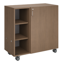 Load image into Gallery viewer, Mobile classroom rolling storage cabinet with one cubby column and one shelf column for organized classroom materials.
