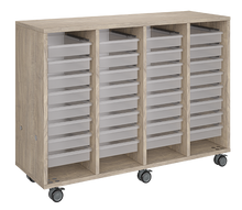Load image into Gallery viewer, Mobile classroom storage cabinet with four-column tray system, customizable laminate finishes, optional doors, and rolling casters for organized, flexible learning spaces.

