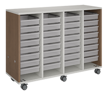 Load image into Gallery viewer, Mobile classroom storage cabinet with four-column tray system, customizable laminate finishes, optional doors, and rolling casters for organized, flexible learning spaces.
