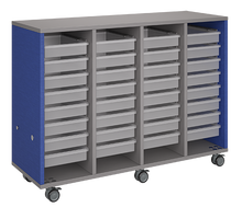 Load image into Gallery viewer, Mobile classroom storage cabinet with four-column tray system, customizable laminate finishes, optional doors, and rolling casters for organized, flexible learning spaces.
