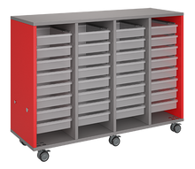 Load image into Gallery viewer, Mobile classroom storage cabinet with four-column tray system, customizable laminate finishes, optional doors, and rolling casters for organized, flexible learning spaces.
