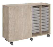 Load image into Gallery viewer, Mobile classroom storage cabinet with four-column tray system, customizable laminate finishes, optional doors, and rolling casters for organized, flexible learning spaces.
