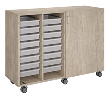 Load image into Gallery viewer, Rolling storage unit with trays and cubbies, customizable laminate finishes, optional doors, and rolling casters for organized, flexible classroom storage.
