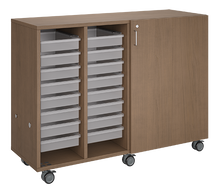 Load image into Gallery viewer, Mobile classroom storage cabinet with four-column tray system, customizable laminate finishes, optional doors, and rolling casters for organized, flexible learning spaces.
