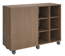 Load image into Gallery viewer, Rolling storage unit with trays and cubbies, customizable laminate finishes, optional doors, and rolling casters for organized, flexible classroom storage.
