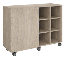 Load image into Gallery viewer, Rolling storage unit with trays and cubbies, customizable laminate finishes, optional doors, and rolling casters for organized, flexible classroom storage.
