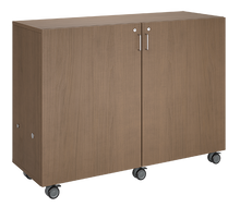 Load image into Gallery viewer, Mobile classroom storage cabinet with four-column tray system, customizable laminate finishes, optional doors, and rolling casters for organized, flexible learning spaces.
