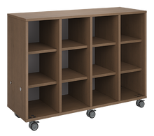 Load image into Gallery viewer, Rolling storage unit with four-column all-cubby design, customizable laminate finishes, optional doors, and durable casters.
