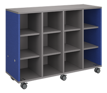 Load image into Gallery viewer, Rolling storage unit with four-column all-cubby design, customizable laminate finishes, optional doors, and durable casters.

