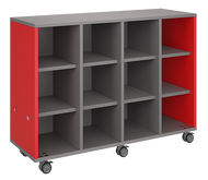Rolling storage unit with four-column all-cubby design, customizable laminate finishes, optional doors, and durable casters.