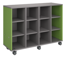 Load image into Gallery viewer, Rolling storage unit with four-column all-cubby design, customizable laminate finishes, optional doors, and durable casters.
