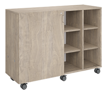 Load image into Gallery viewer, Rolling storage unit with four-column all-cubby design, customizable laminate finishes, optional doors, and durable casters.
