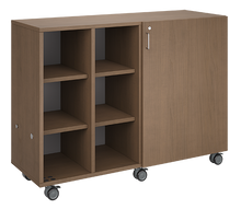 Load image into Gallery viewer, Rolling storage unit with four-column all-cubby design, customizable laminate finishes, optional doors, and durable casters.
