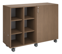 Load image into Gallery viewer, Mobile classroom storage unit with two columns of cubbies and one column of shelves, customizable laminate finishes, optional doors, and durable casters.
