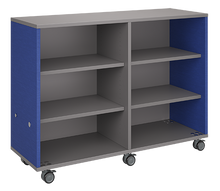 Load image into Gallery viewer, Rolling storage unit with two-columns, customizable laminate finishes, optional doors, and durable casters.
