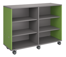 Load image into Gallery viewer, Rolling storage unit with two-column, all-shelf design, customizable laminate finishes, optional doors, and durable casters.
