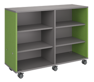 Rolling storage unit with two-column, all-shelf design, customizable laminate finishes, optional doors, and durable casters.