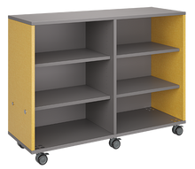 Load image into Gallery viewer, Rolling storage unit with two-column, all-shelf design, customizable laminate finishes, optional doors, and durable casters.

