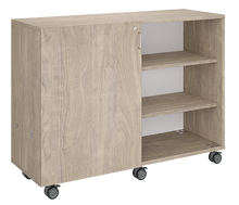 Load image into Gallery viewer, Rolling storage unit with two-column, all-shelf design, customizable laminate finishes, optional doors, and durable casters.
