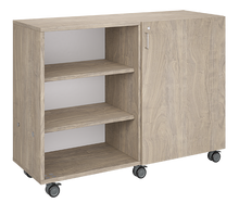 Load image into Gallery viewer, Rolling storage unit with two-column, all-shelf design, customizable laminate finishes, optional doors, and durable casters.
