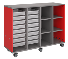 Load image into Gallery viewer, Rolling storage unit with trays and cubbies, customizable laminate finishes, optional doors, and rolling casters for organized, flexible classroom storage.
