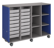 Load image into Gallery viewer, Rolling storage unit with trays and cubbies, customizable laminate finishes, optional doors, and rolling casters for organized, flexible classroom storage.
