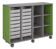 Load image into Gallery viewer, Rolling storage unit with trays and cubbies, customizable laminate finishes, optional doors, and rolling casters for organized, flexible classroom storage.
