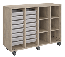 Load image into Gallery viewer, Rolling storage unit with trays and cubbies, customizable laminate finishes, optional doors, and rolling casters for organized, flexible classroom storage.
