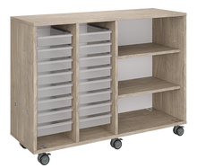Load image into Gallery viewer, Rolling classroom storage with two columns of totes and one column of shelves, customizable laminate finishes, optional doors, and locking casters for flexible organization.
