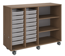 Load image into Gallery viewer, Rolling classroom storage with two columns of totes and one column of shelves, customizable laminate finishes, optional doors, and locking casters for flexible organization.
