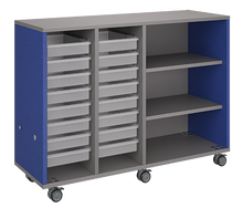 Load image into Gallery viewer, Rolling classroom storage with two columns of totes and one column of shelves, customizable laminate finishes, optional doors, and locking casters for flexible organization.
