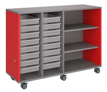 Load image into Gallery viewer, Rolling classroom storage with two columns of totes and one column of shelves, customizable laminate finishes, optional doors, and locking casters for flexible organization.

