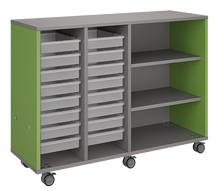 Load image into Gallery viewer, Rolling classroom storage with two columns of totes and one column of shelves, customizable laminate finishes, optional doors, and locking casters for flexible organization.
