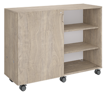 Load image into Gallery viewer, Rolling classroom storage with two columns of totes and one column of shelves, customizable laminate finishes, optional doors, and locking casters for flexible organization.
