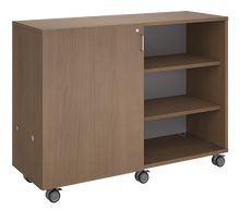 Load image into Gallery viewer, Rolling classroom storage with two columns of totes and one column of shelves, customizable laminate finishes, optional doors, and locking casters for flexible organization.
