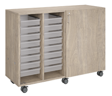 Load image into Gallery viewer, Rolling classroom storage with two columns of totes and one column of shelves, customizable laminate finishes, optional doors, and locking casters for flexible organization.
