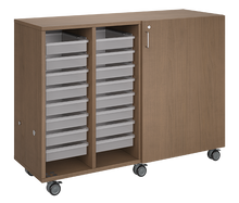 Load image into Gallery viewer, Rolling classroom storage with two columns of totes and one column of shelves, customizable laminate finishes, optional doors, and locking casters for flexible organization.
