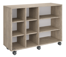 Load image into Gallery viewer, Mobile classroom storage with two columns of cubbies and one column of shelves, customizable laminate finishes, optional doors, and durable casters.
