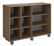Load image into Gallery viewer, Mobile classroom storage with two columns of cubbies and one column of shelves, customizable laminate finishes, optional doors, and durable casters.
