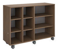 Mobile classroom storage with two columns of cubbies and one column of shelves, customizable laminate finishes, optional doors, and durable casters.