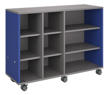 Load image into Gallery viewer, Mobile classroom storage with two columns of cubbies and one column of shelves, customizable laminate finishes, optional doors, and durable casters.
