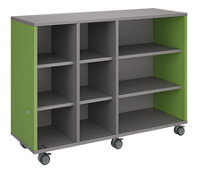 Load image into Gallery viewer, Mobile classroom storage with two columns of cubbies and one column of shelves, customizable laminate finishes, optional doors, and durable casters.
