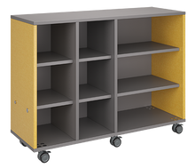 Load image into Gallery viewer, Mobile classroom storage with two columns of cubbies and one column of shelves, customizable laminate finishes, optional doors, and durable casters.
