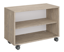 Load image into Gallery viewer, Mobile classroom storage featuring a one-column, all-shelf configuration with customizable laminate finishes, optional doors, and durable casters for flexible classroom storage.
