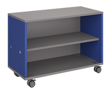 Load image into Gallery viewer, Mobile classroom storage featuring a one-column, all-shelf configuration with customizable laminate finishes, optional doors, and durable casters for flexible classroom storage.
