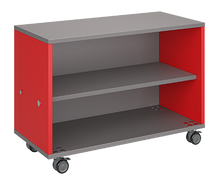 Load image into Gallery viewer, Mobile classroom storage featuring a one-column, all-shelf configuration with customizable laminate finishes, optional doors, and durable casters for flexible classroom storage.
